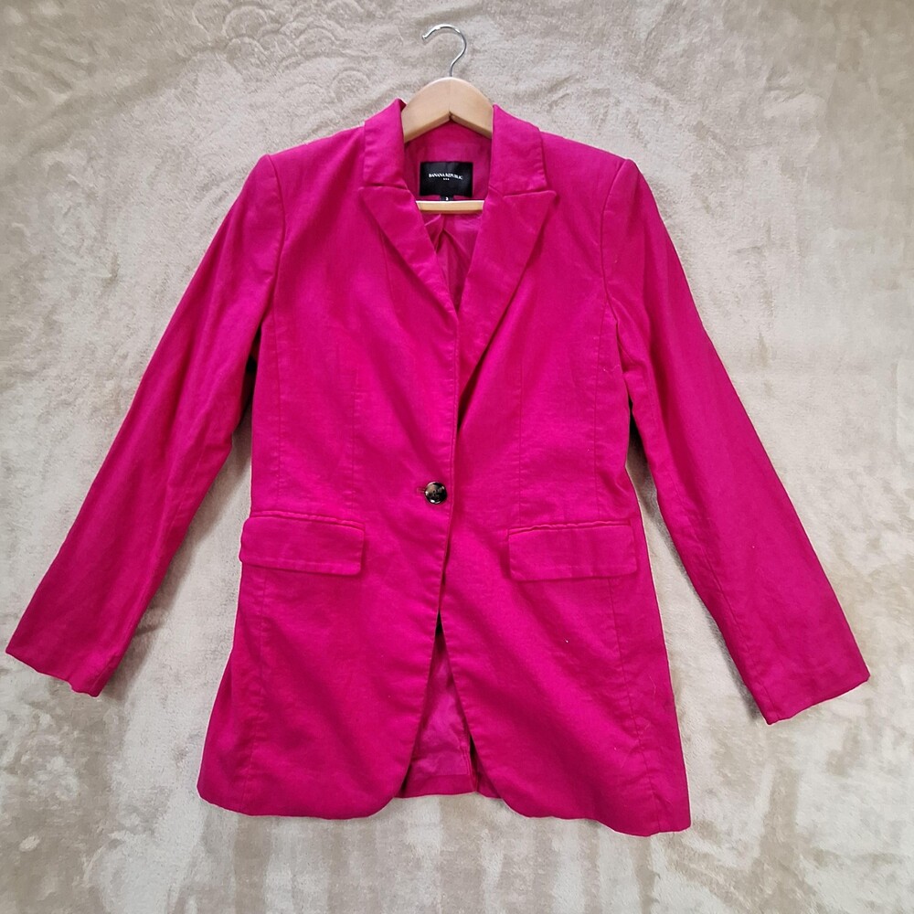 Banana Republic Blazer Womens 2 Fuchsia Pink Linen Blend One Button Notch Lapel